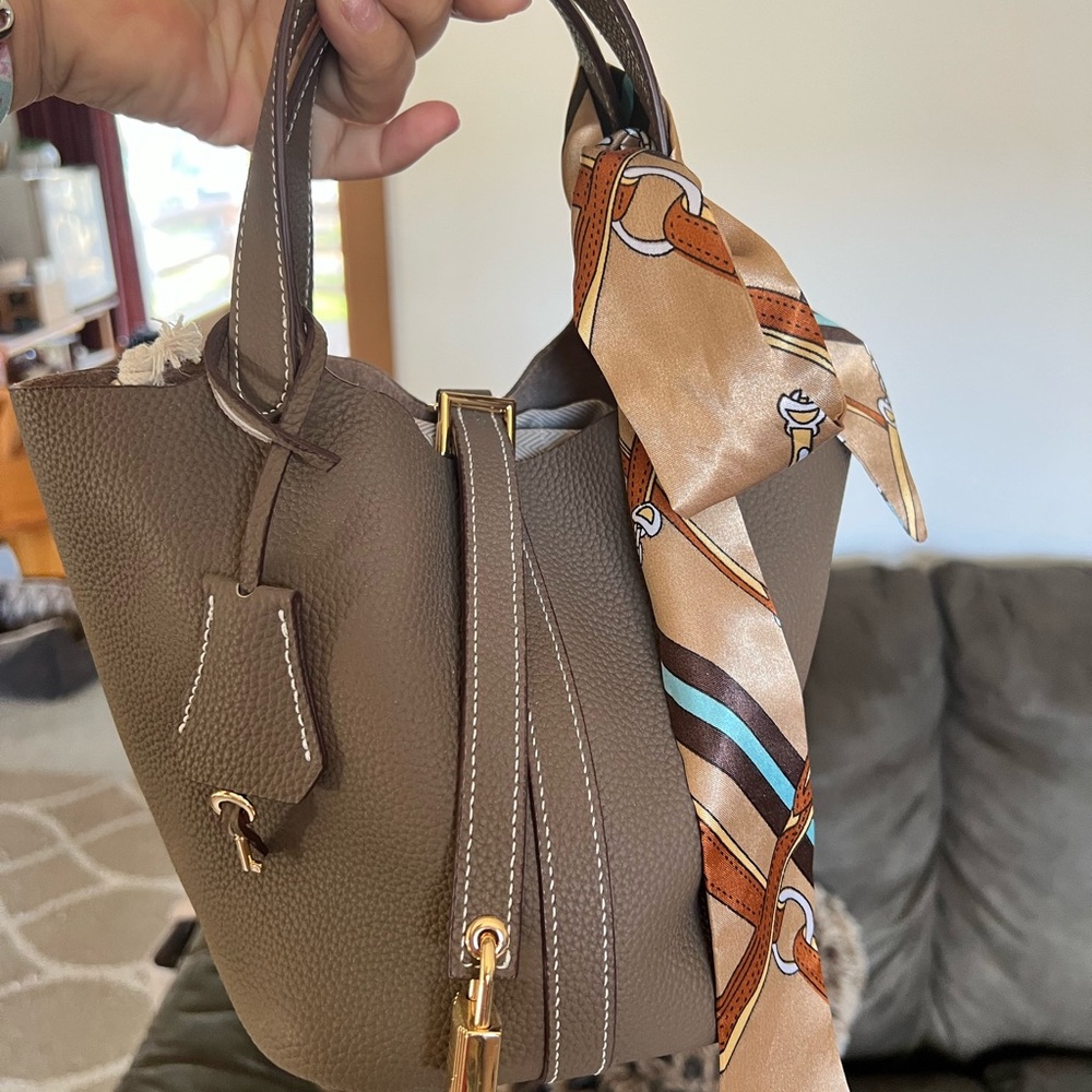 “Picotin” 18 Taupe Leather Handbag with Scarf Accent